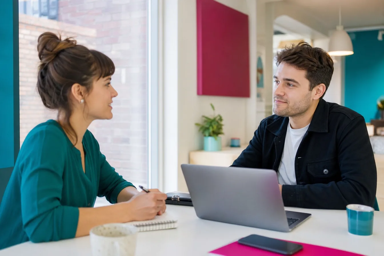 Business owner with a notepad interviewing a web designer across a meeting table — illustrative photo for questions to ask a web designer