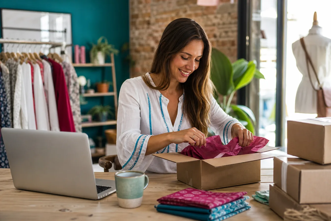 Boutique owner packing an online order beside her laptop and shipping boxes — illustrative photo
