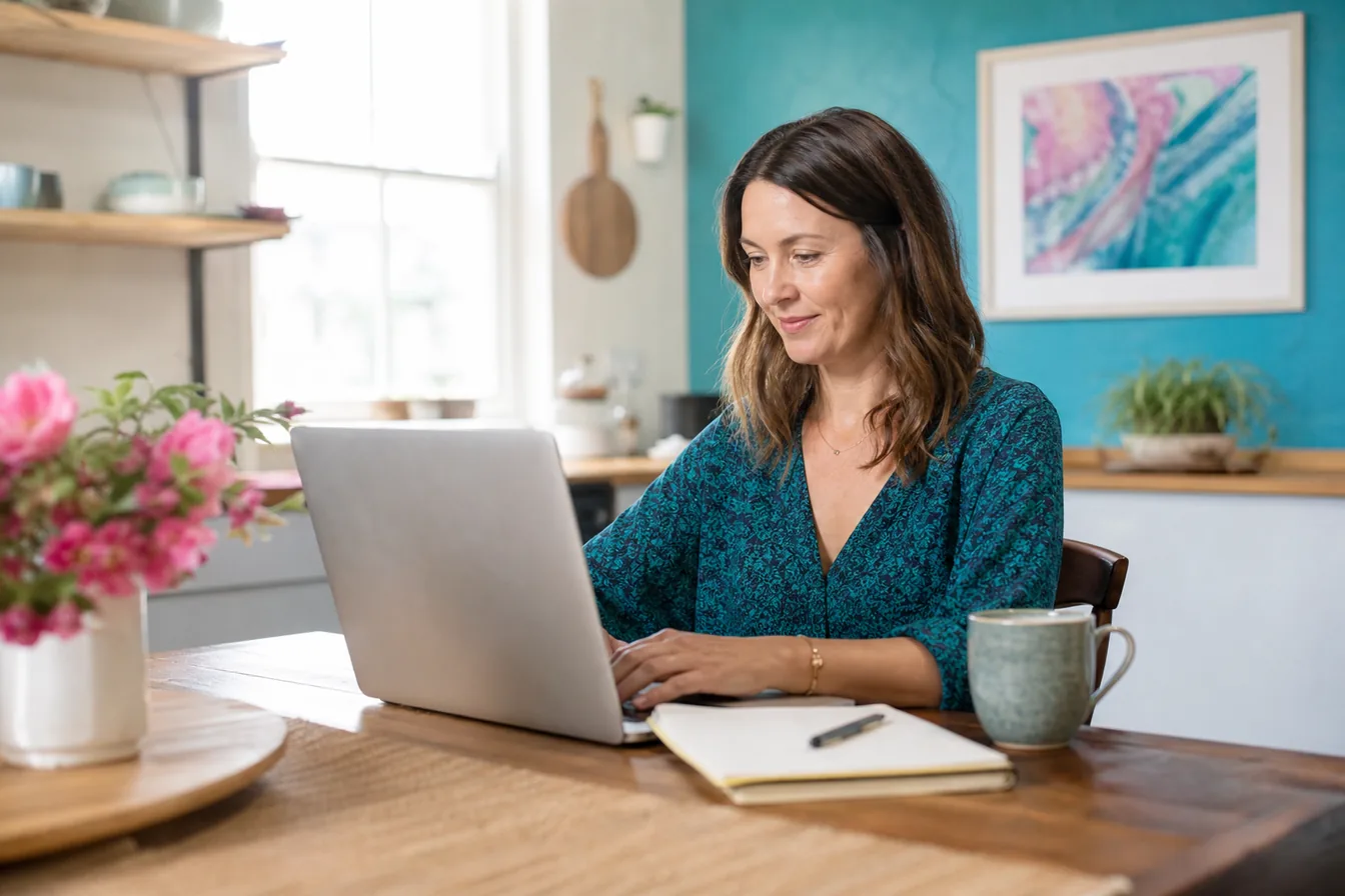 Home-based business owner working on a simple website at her kitchen table — illustrative photo