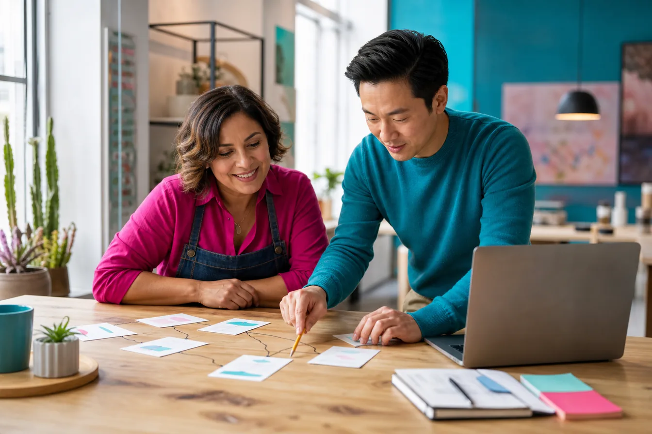 Business owner and consultant mapping out marketing pieces with printed cards on a desk — illustrative photo