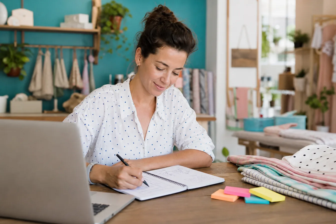 Small business owner sketching website ideas in a notebook beside a laptop — illustrative photo
