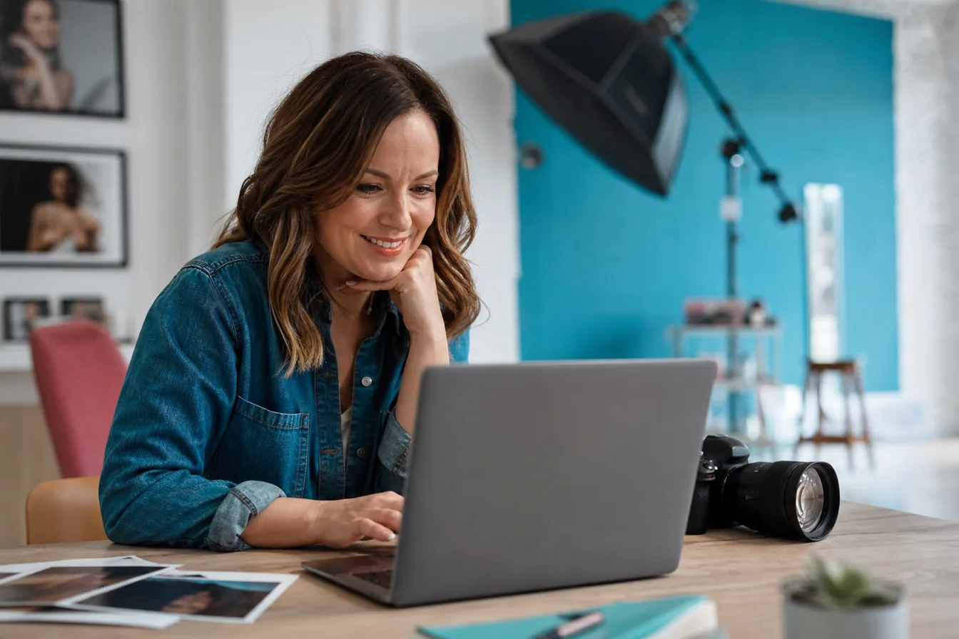 Photographer reviewing her portfolio on a laptop in her studio — illustrative photo