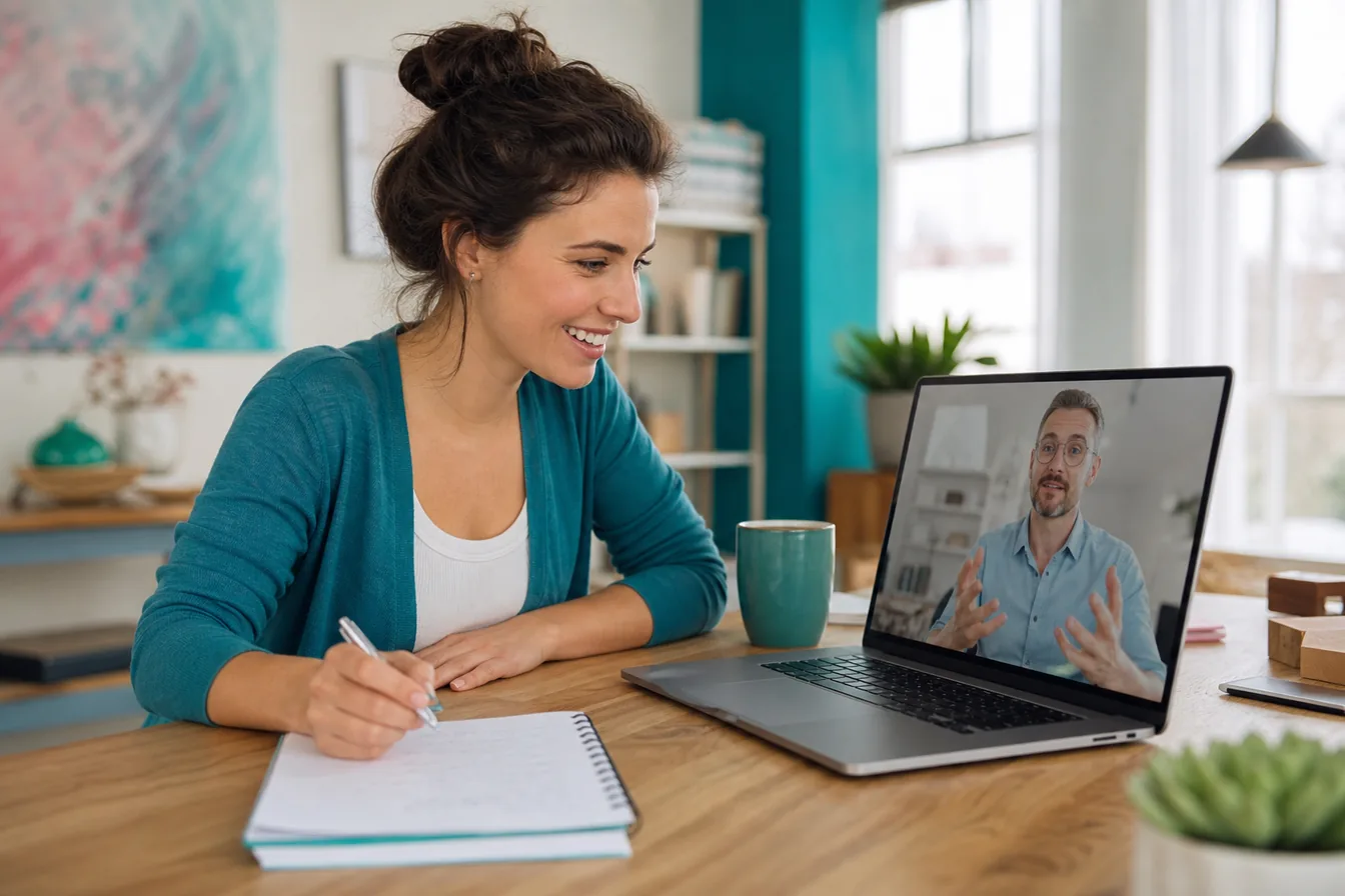 Business owner on a laptop video call with a remote web contractor — illustrative photo
