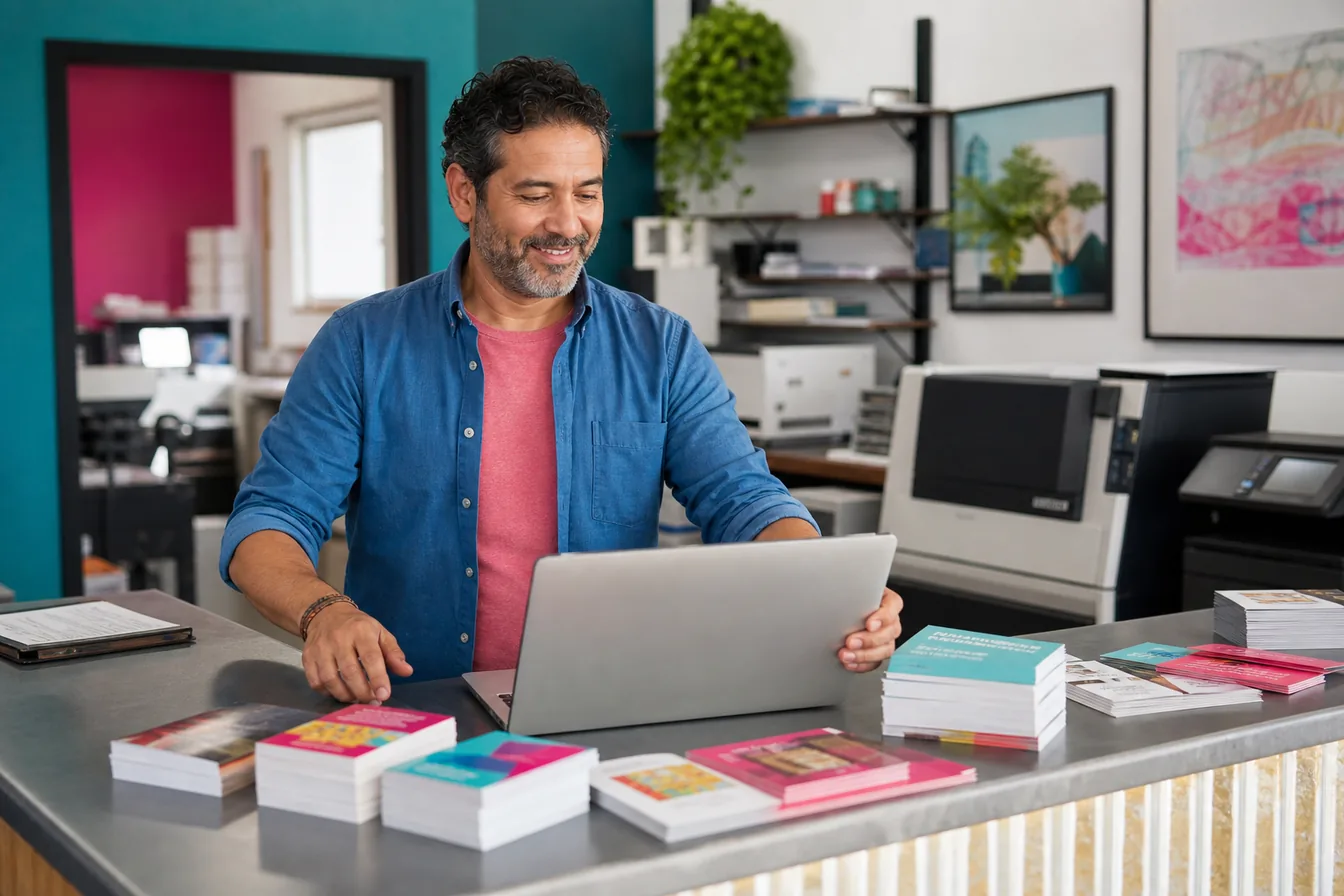 Print-shop owner with printed cards and flyers opening a laptop at his counter — illustrative photo