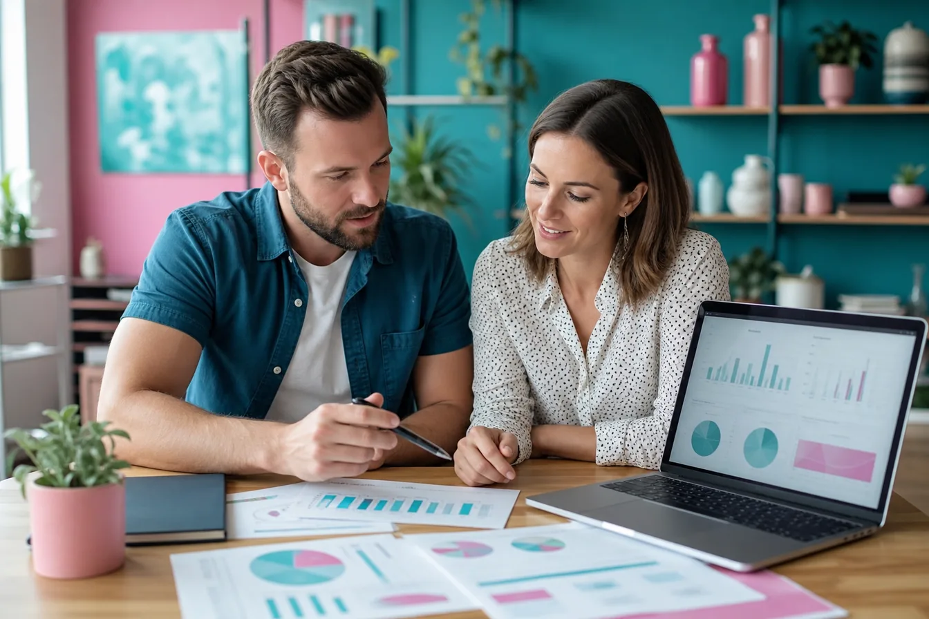 Analyst and business owner reviewing website performance charts at a desk — illustrative photo