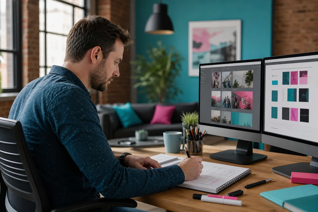 Designer working at a dual-monitor workstation with wireframe sketches nearby — illustrative photo