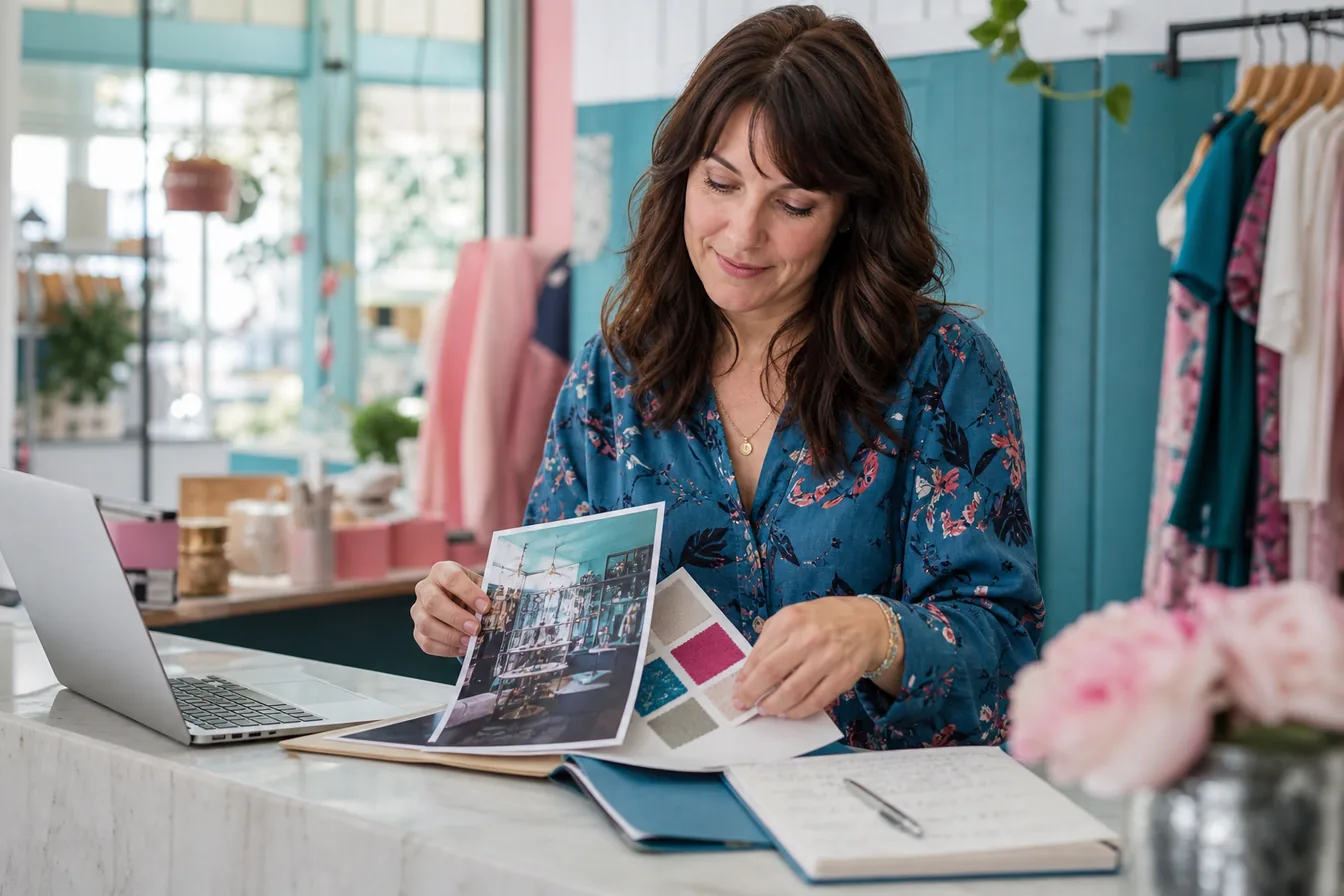 Boutique owner organizing printed photos, color swatches, and notes for her website build — illustrative photo