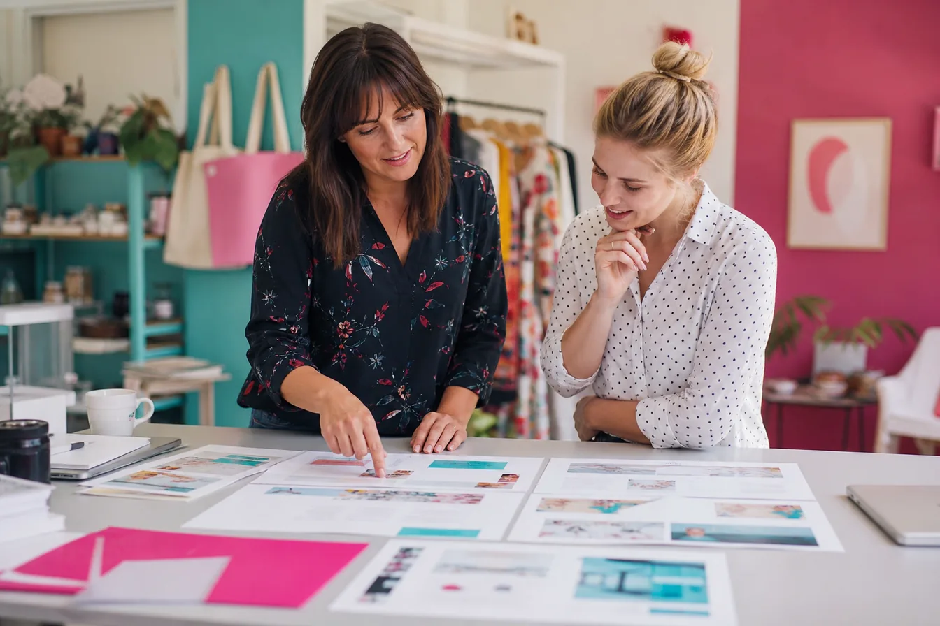 Designer and shop owner comparing printed homepage layout mockups at a table — illustrative photo