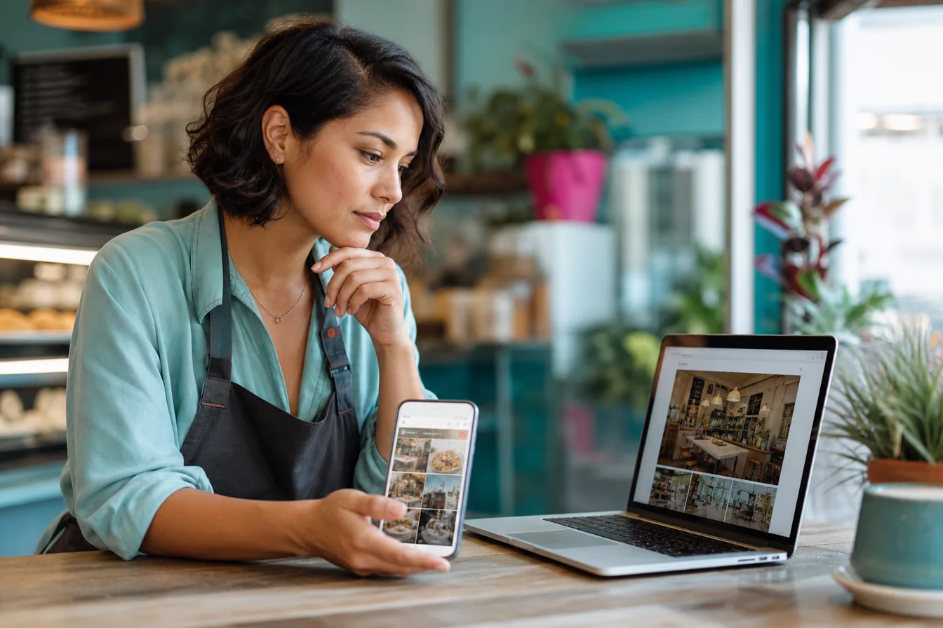 Business owner comparing her social media feed with her own website — illustrative photo