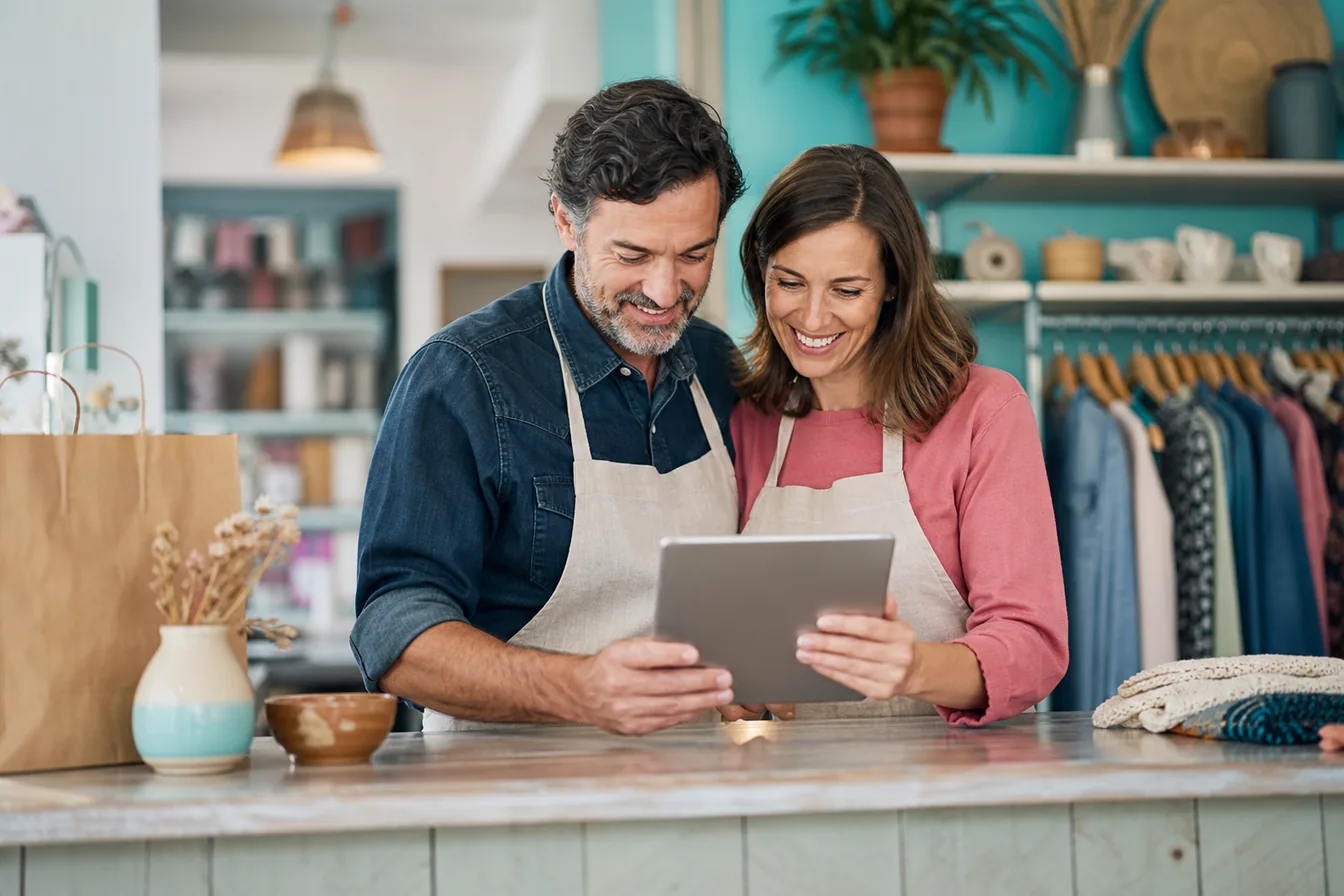 Couple who run a family shop reviewing a tablet together behind their counter — illustrative photo
