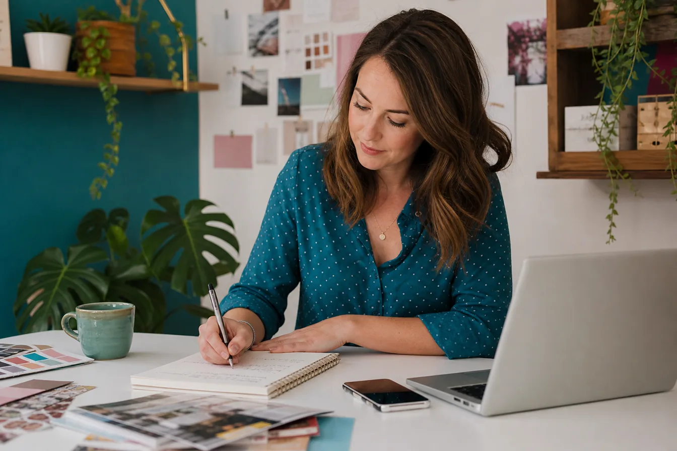 Business owner planning a website with a checklist notebook, laptop and phone — illustrative photo