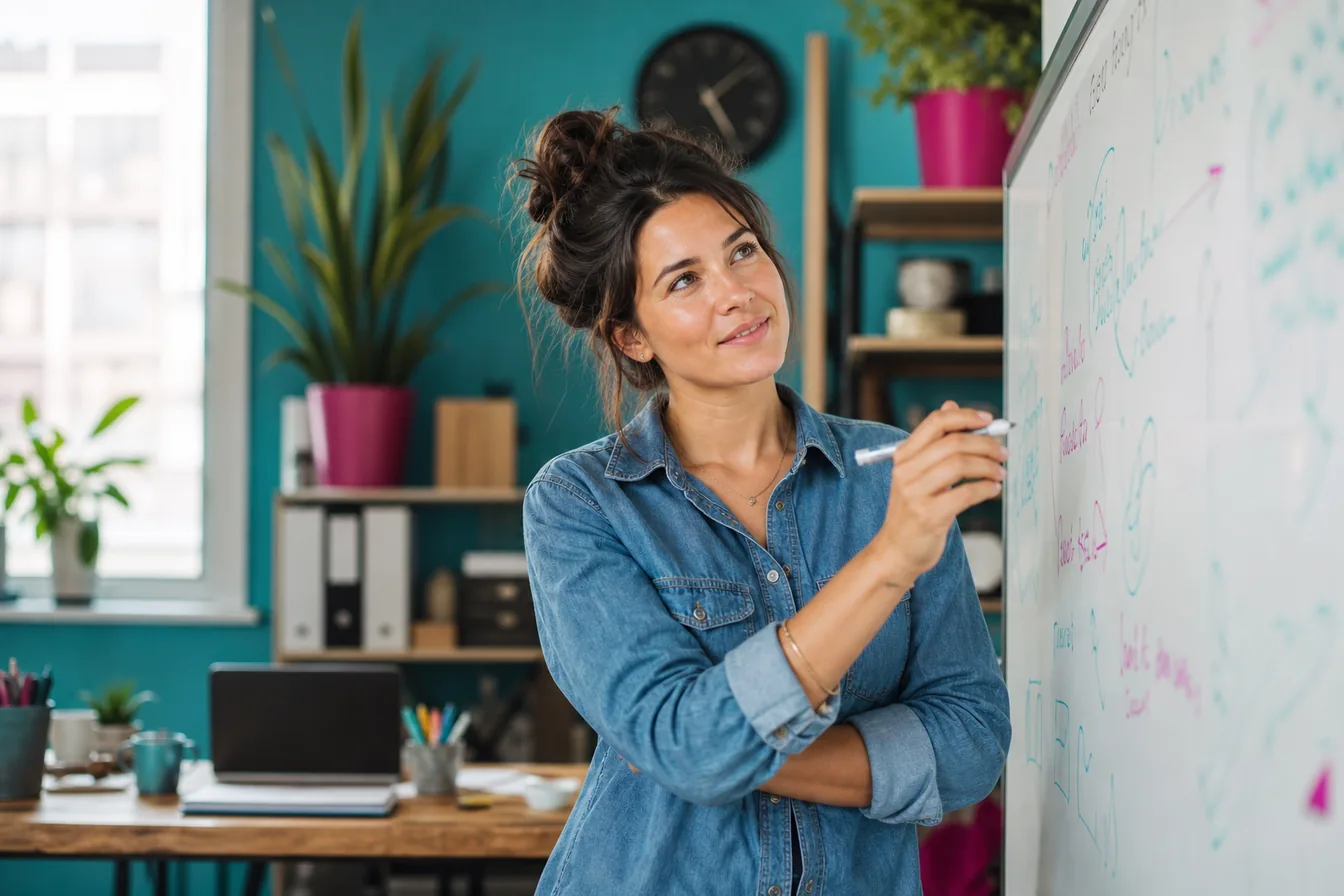 Business owner brainstorming name ideas at a whiteboard — illustrative photo