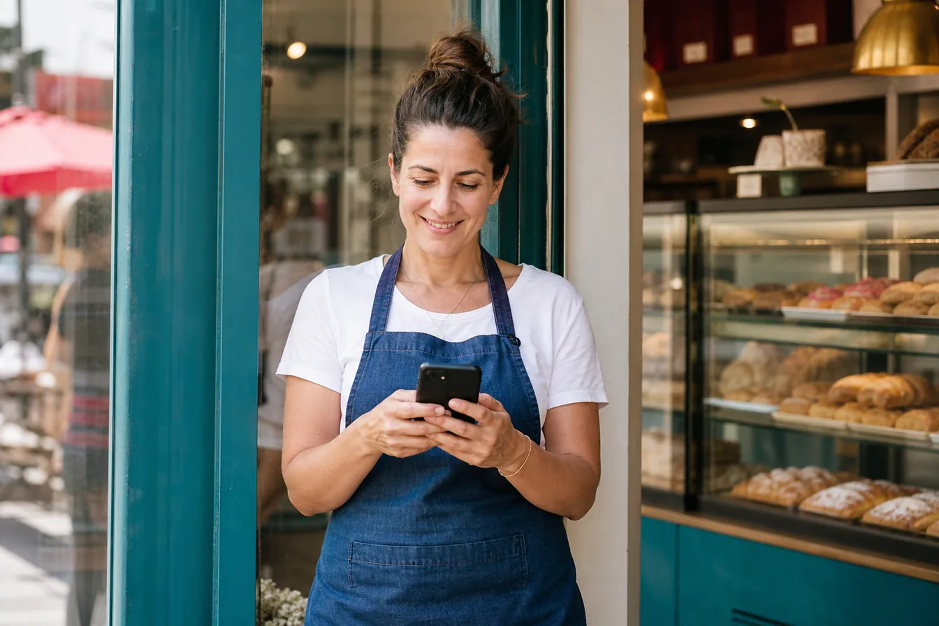 Bakery owner updating her phone in the doorway of her bakery — illustrative photo