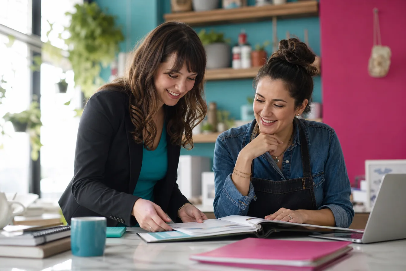 Designer walking a business owner through a folder of project materials — illustrative photo