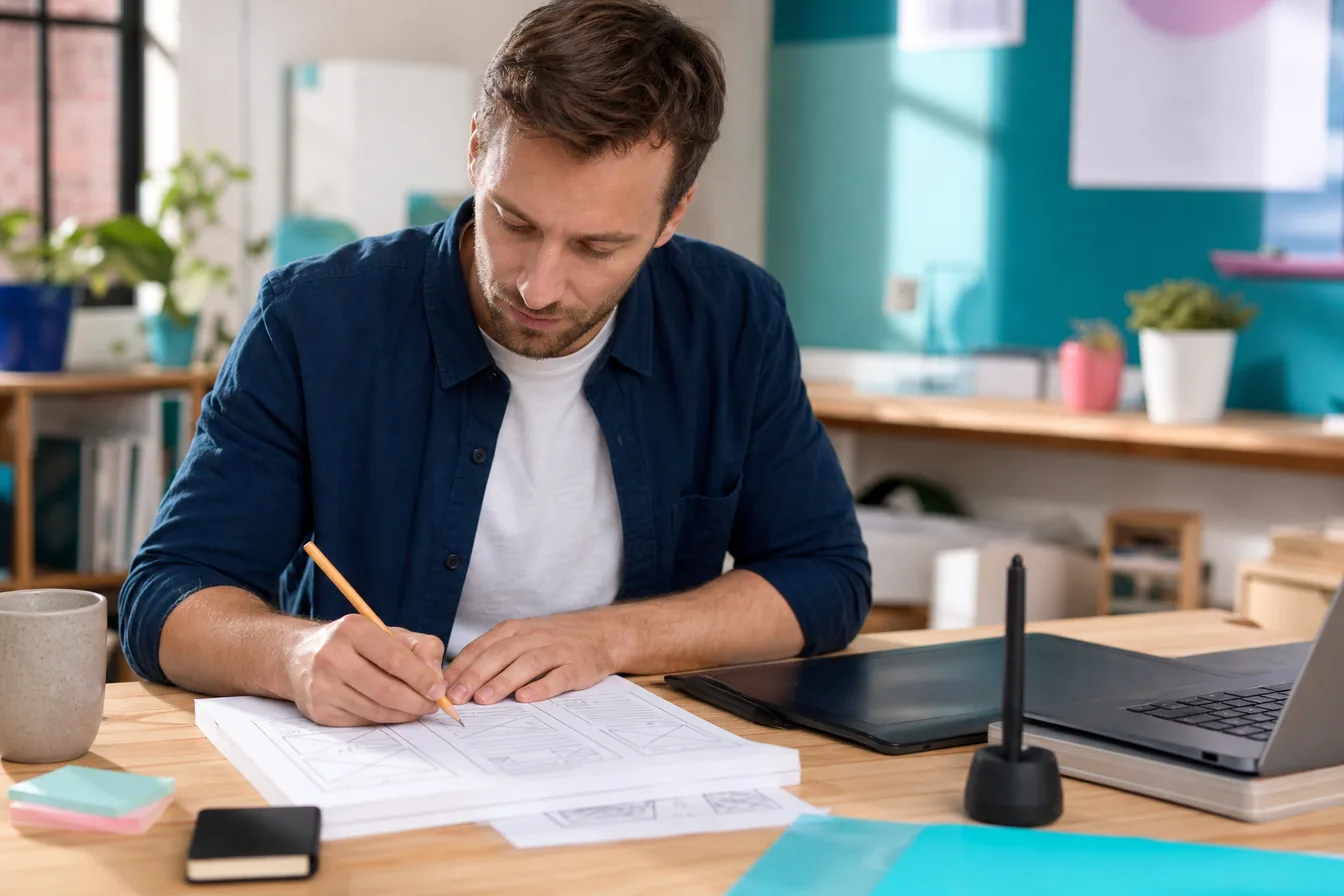 Web designer sketching page wireframes on paper at a studio desk — illustrative photo