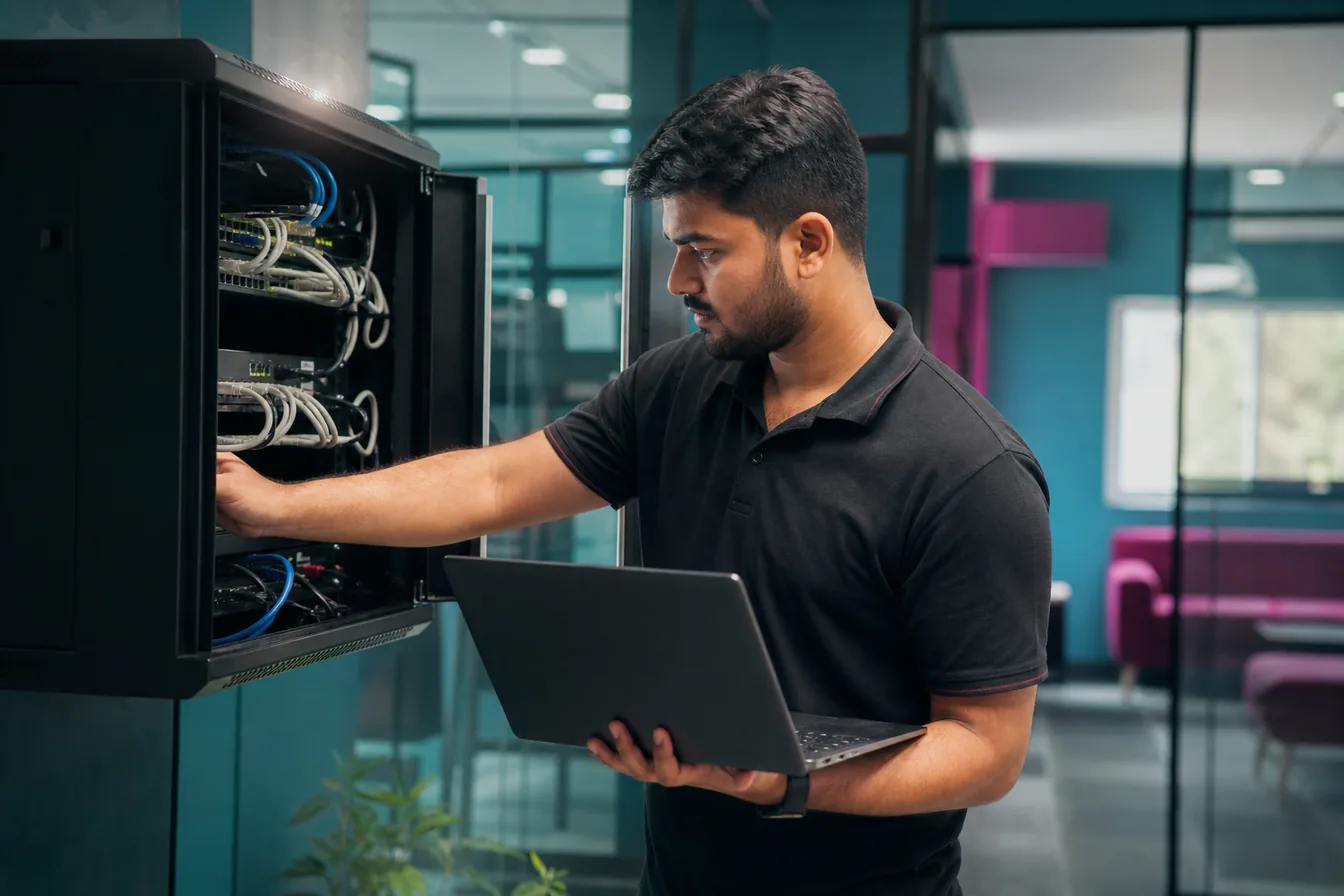 Technician with a laptop checking a small office server cabinet — illustrative photo