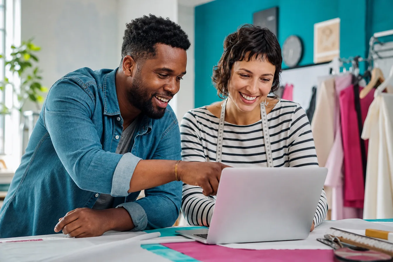 Two colleagues smiling while reviewing a laptop together in a bright studio — illustrative photo