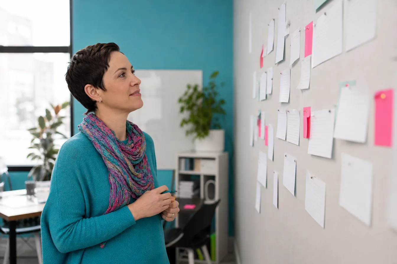 Business owner mapping out a site structure with index cards on a wall — illustrative photo