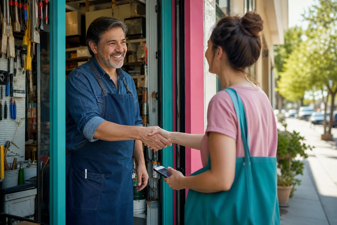 Store owner greeting a customer who is holding her phone at the shop entrance — illustrative photo