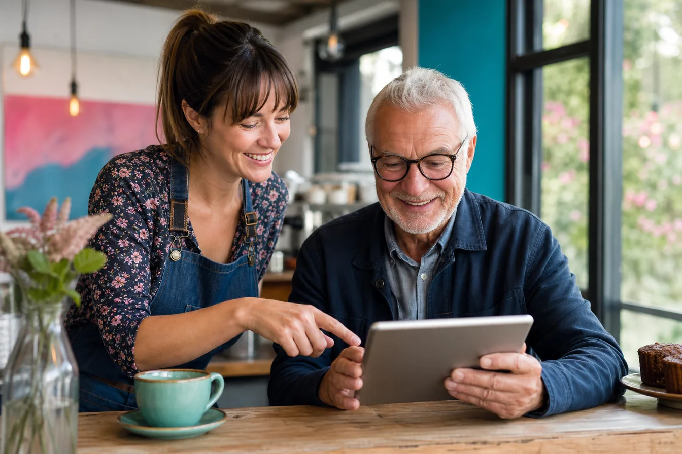Cafe owner helping an older customer use a website on a tablet at the counter — illustrative photo