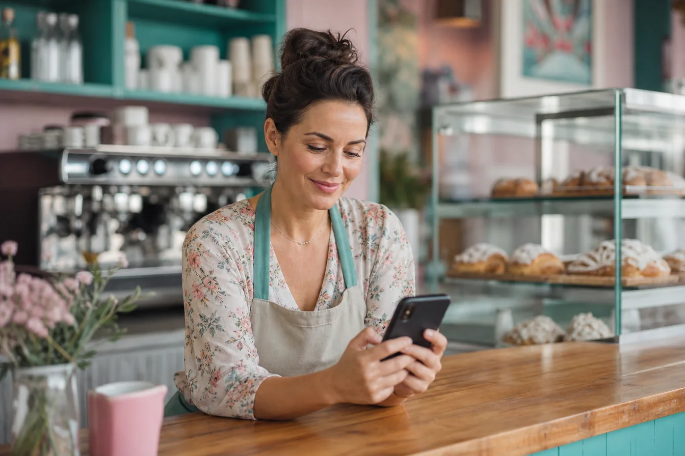 Caf&eacute; owner behind the counter checking her shop’s online reviews on a smartphone &mdash; illustrative photo