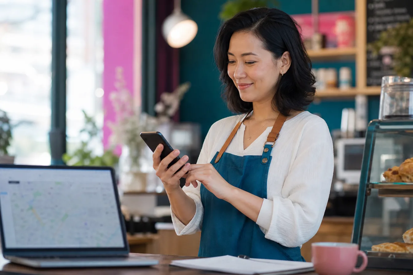 Cafe owner at her counter updating her business listing on a smartphone — illustrative photo