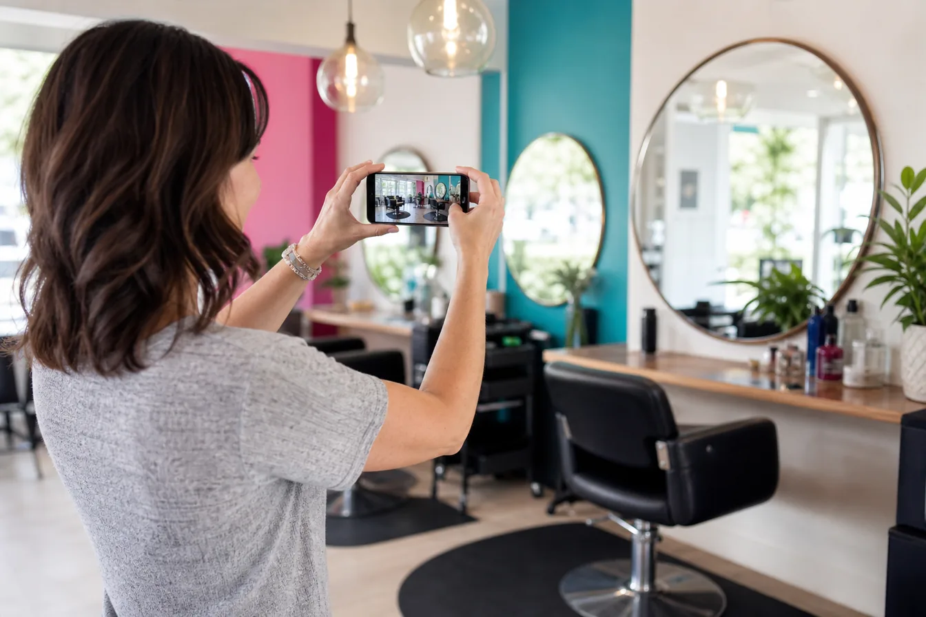 Salon owner photographing her shop interior with a phone for her Google Business Profile — illustrative photo