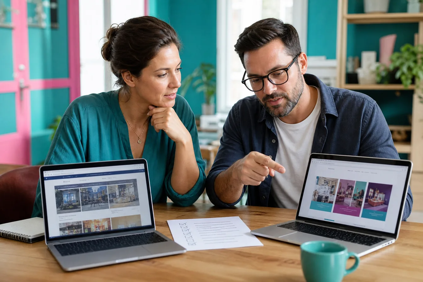 Business owner and web designer comparing an old website with its redesign on two laptops, a printed checklist between them — illustrative photo