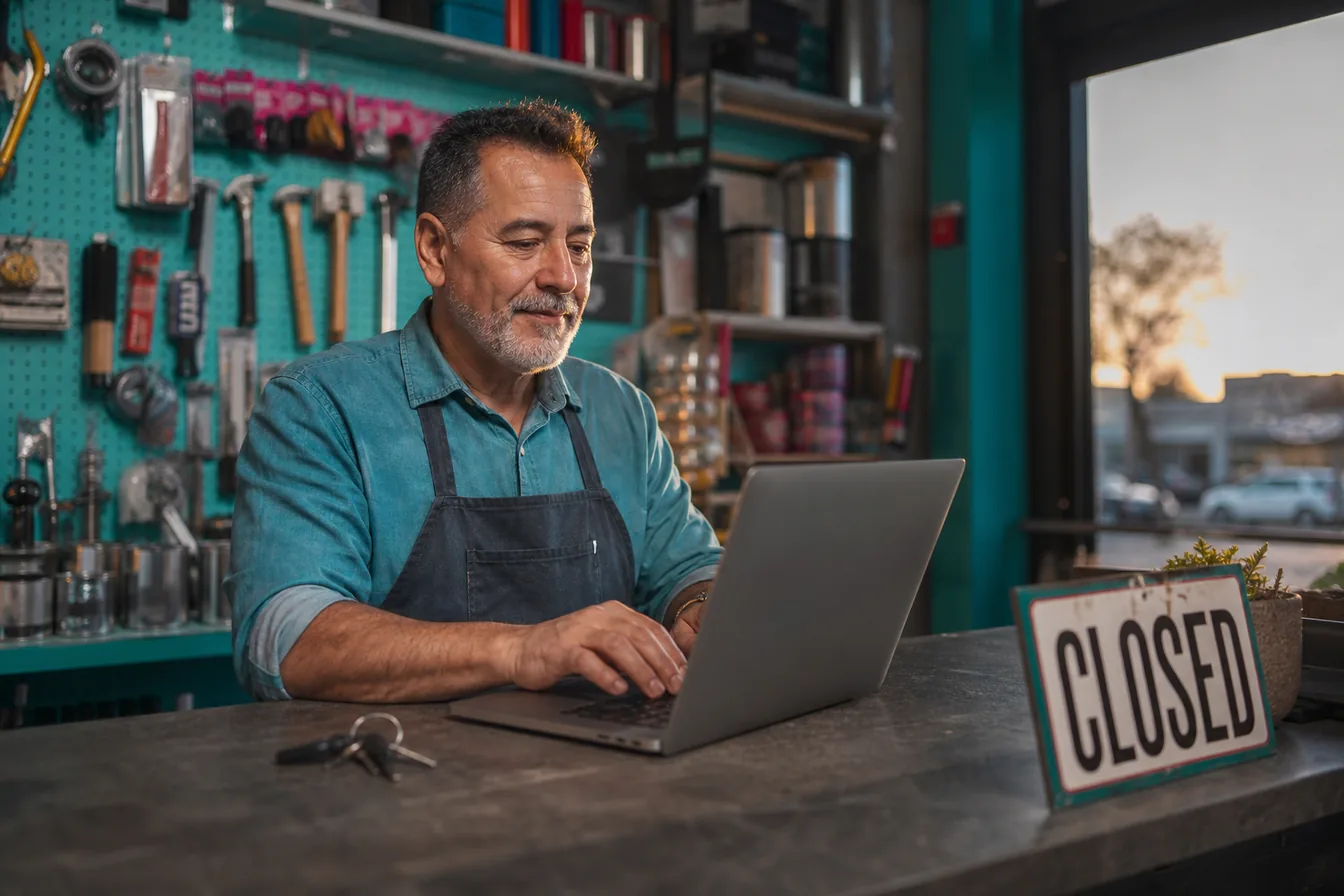 Shop owner applying website software updates on a laptop at the counter at closing time — illustrative photo