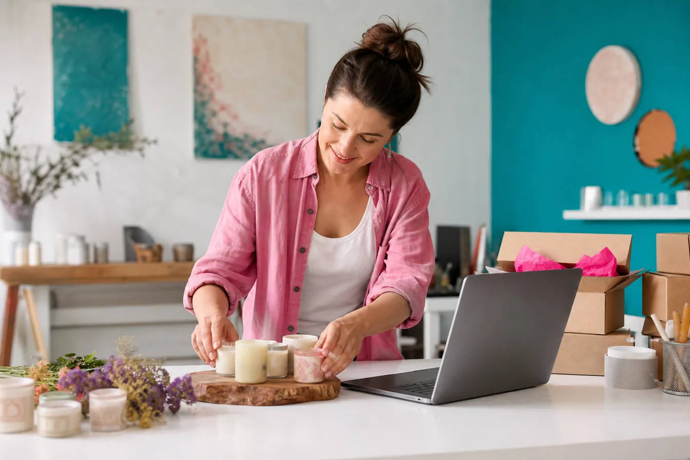 Store owner photographing handmade products beside an open laptop while preparing her online store launch — illustrative photo
