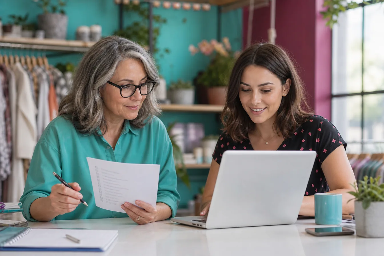 Business owner and web designer running a final pre-launch website check with a printed checklist — illustrative photo